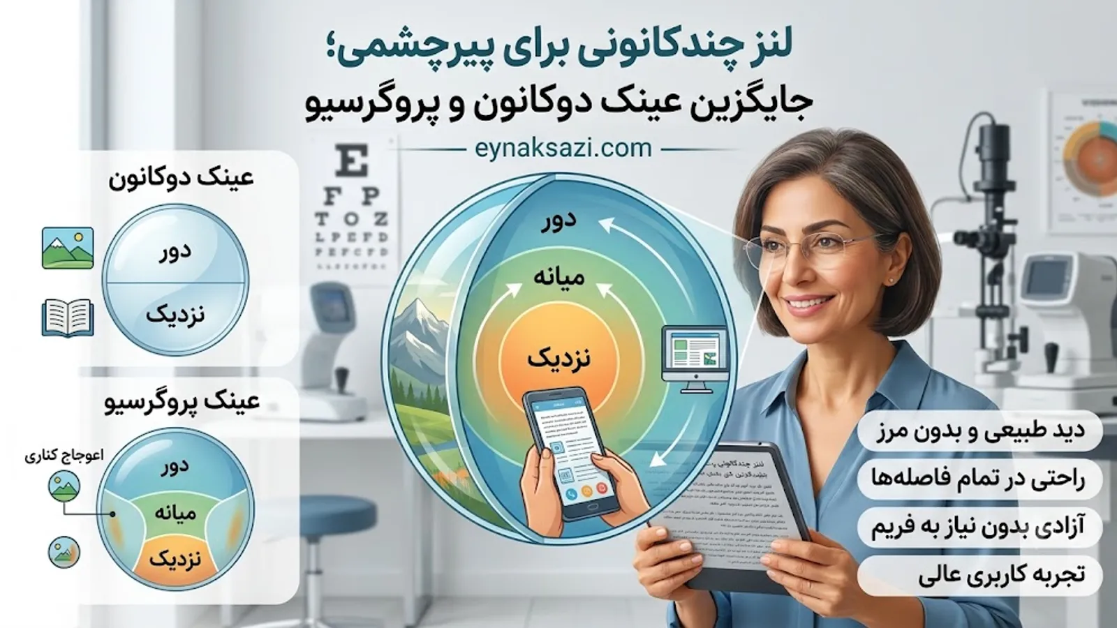 لنز چندکانونی برای پیرچشمی؛ جایگزین عینک دوکانون و پروگرسیو